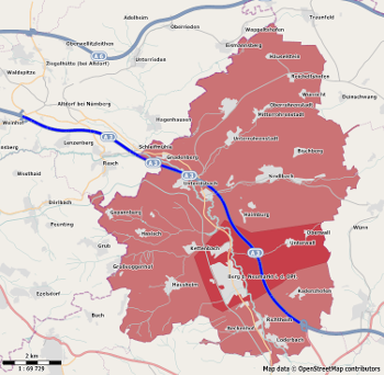 Zuständigkeit der FF Berg auf einer Karte: Primär Altgemeinde Berg (dunkelrot) und Autobahnabschnitte ab der AS Oberölsbach, sekundär restliches Gemeindegebiet (hellrot). Nicht eingezeichnet: ABC-Komponente, UG-ÖEL und Bereichsfolgen anderer Kommunen und Autobahnabschnitte