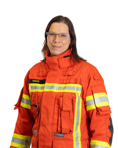 Gaby Feihl im Schutzanzug