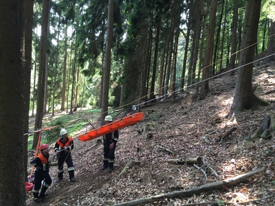 Transport der Schleifkorbtrage in der Seilbahn